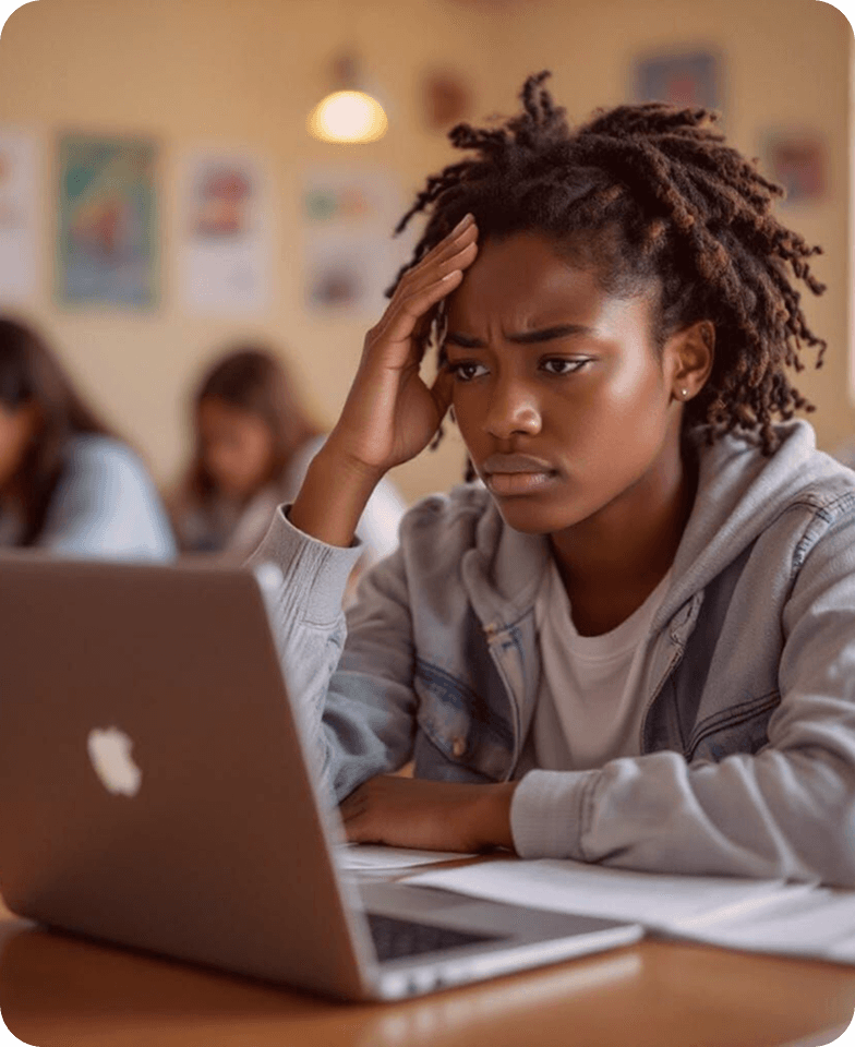 Student looking stressed in front of laptop